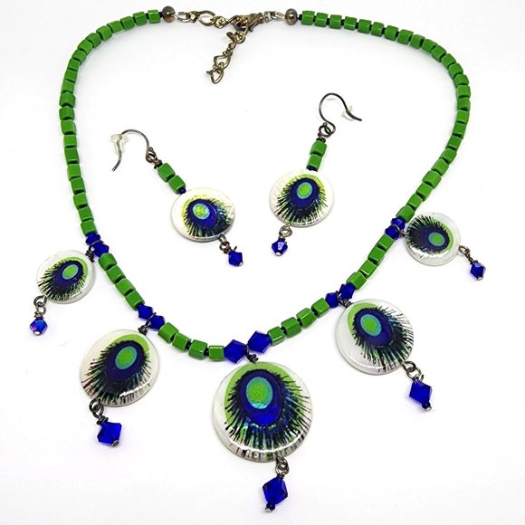 Vintage Peacock Blue Green MOP Handmade One of a Kind Necklace Earrings Set - Picture 8 of 8